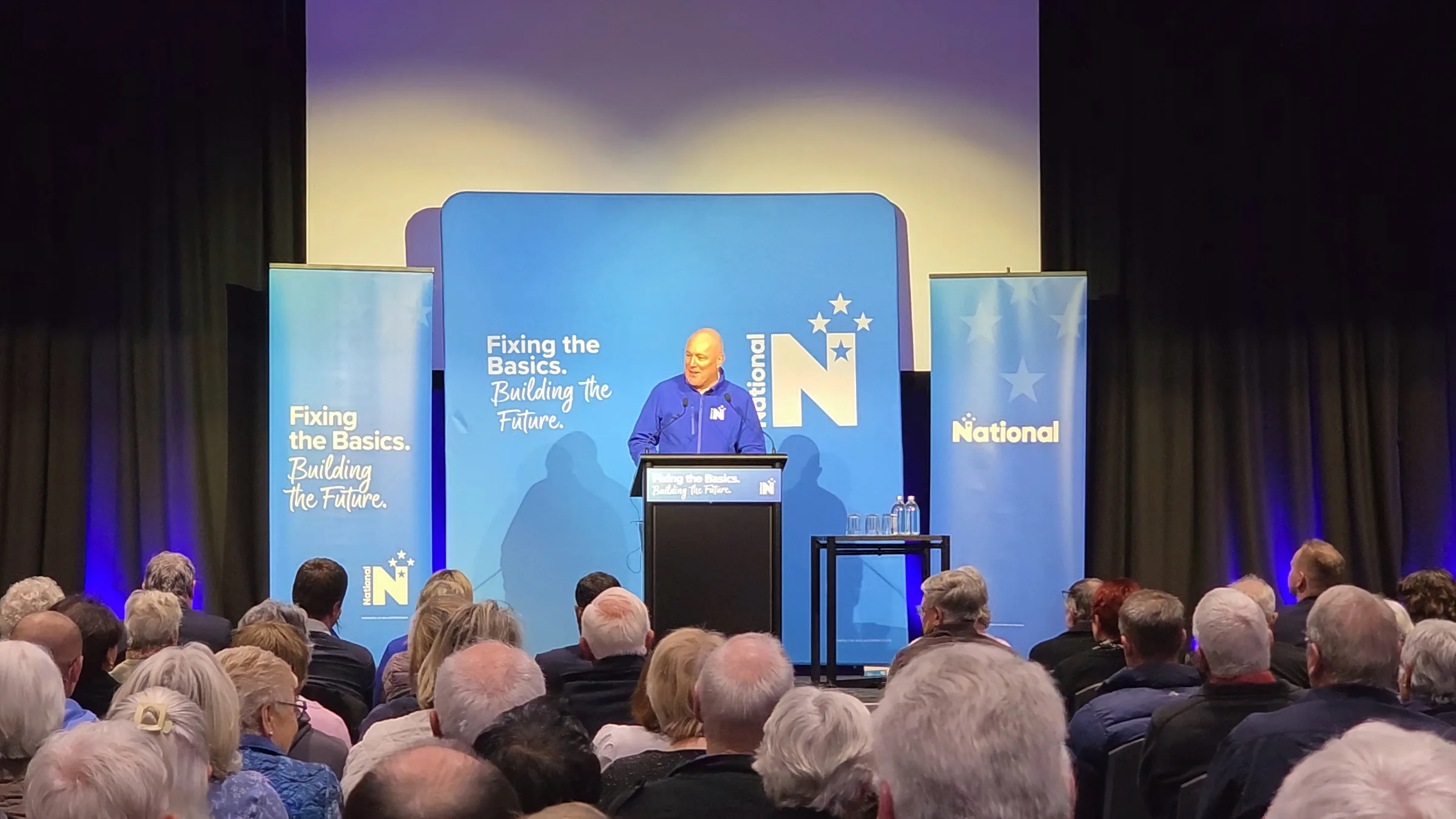 Prime Minister Christopher Luxon speaks at a public meeting in Napier.
