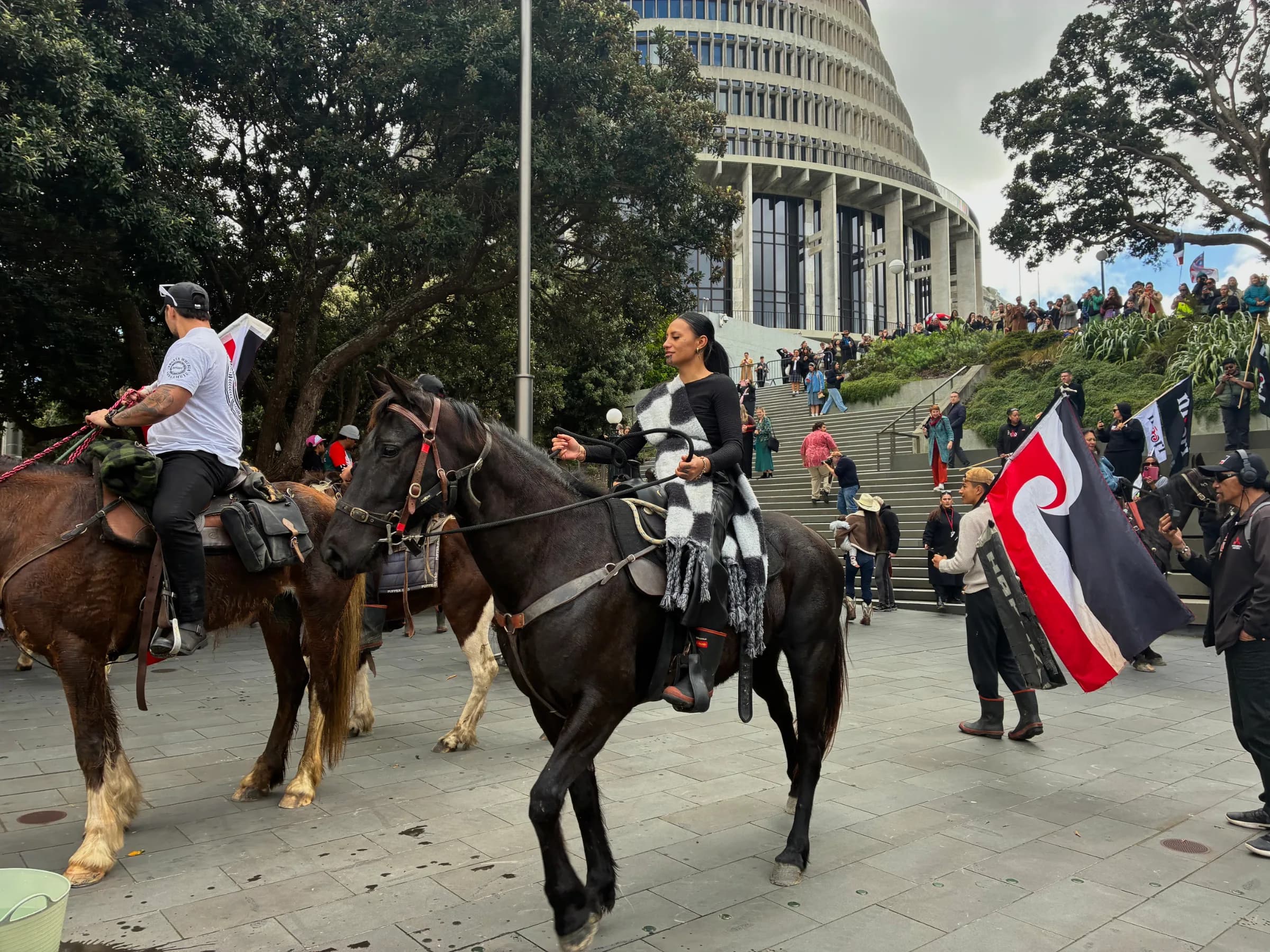 Protesters on horseback on Parliament grounds.